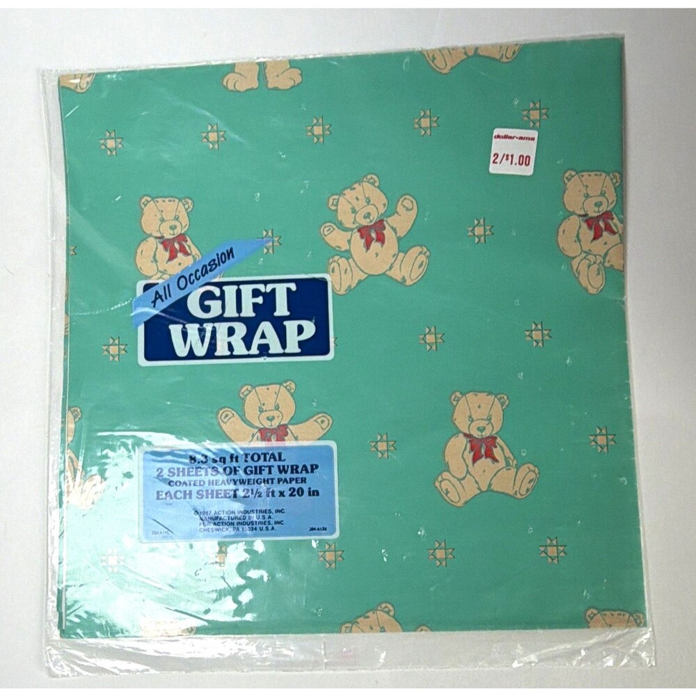 Vintage 1987 All Occasions Teddy Bear Green Wrap 2pk 2.5ft x 20in